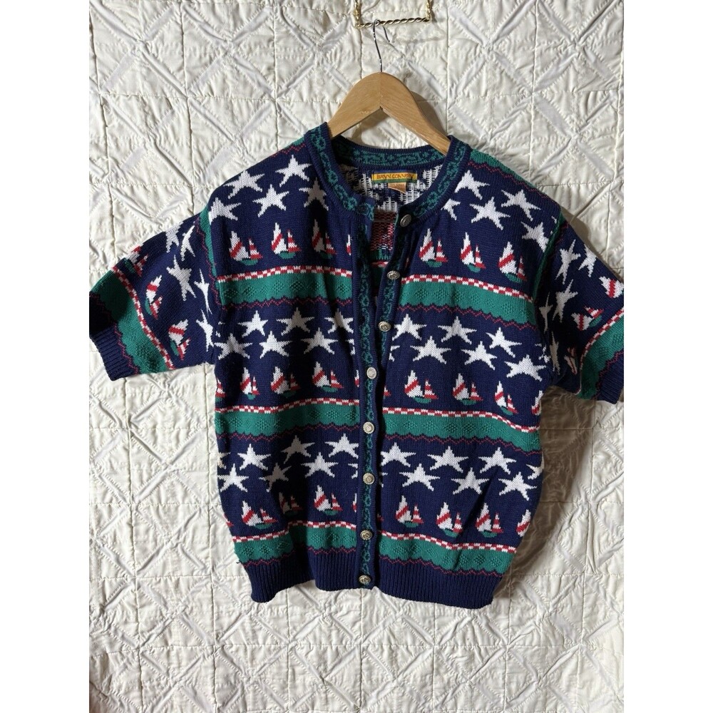 Bryn Connelly Button-Front Knit Cardigan Sweater Nautical Sailboat Star L